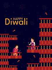 Happy Diwali Indian festival of lights. Vector illustration of cityscape or landscape background with family celebrating festival.