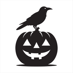 Jack-o’-lantern with crow sitting on it vector silhouette outline logo design concept illustration