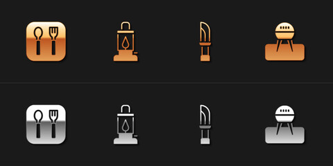 Set Fork and spoon, Camping lantern, Knife and Barbecue grill icon. Vector