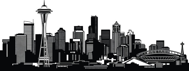 Seattle skyline illustration, Space Needle, Lumen Field, black white cityscape, urban design, stylized architecture, iconic landmark, Washington city silhouette