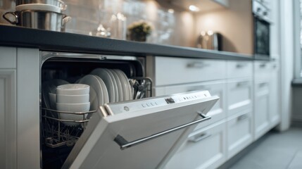 Closeup of a sleek countertop dishwasher in a modern kitchen with sparkling clean dishes inside the background softly blurred to highlight compact design and spacesaving use.