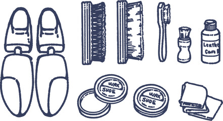 革靴のお手入れをするための道具の線画のイラストセット