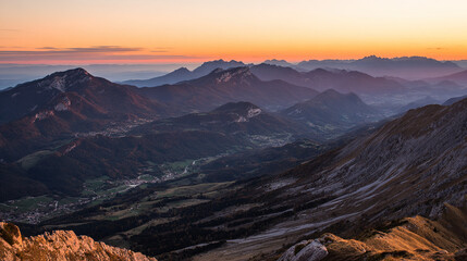 alpine. Panoramic alpine landscape at dusk with warm golden light on mountain peaks. travel magazines, destination branding, designed for outdoor magazines and nature guides.
