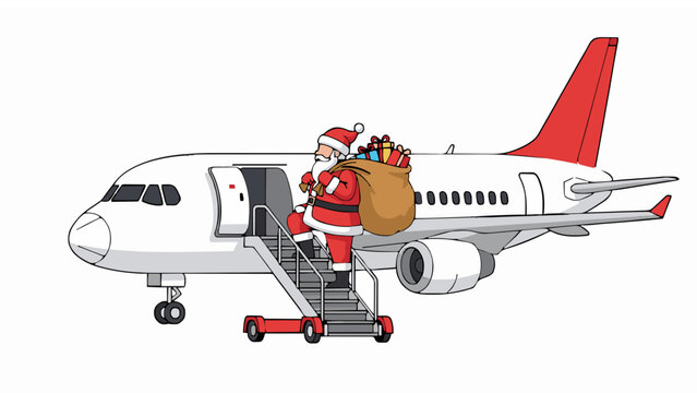 Santa Claus with a bag of gifts boarding a modern airplane for Christmas holiday travel and delivery