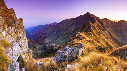 alpine. Panoramic alpine landscape at dusk with warm golden light on mountain peaks. travel magazines, destination branding, designed for outdoor magazines and nature guides.
