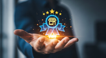 Digital Award Icon with Five Stars Held in Hand for Business Success