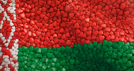 A vibrant digital artwork depicting the flag of Belarus, reimagined with a field of intricately detailed small hearts. The hearts are rendered in the traditional Belarusian flag colors of red and whit