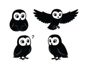 Cute black and white cartoon owl illustrations showing different poses and expressions for childrens designs