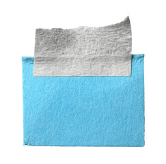 Piece of blank blue paper memo note with texture and adhesive sticky tape with copy space for text, isolated transparent png background design element