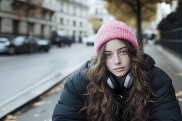 Young woman wearing headphones and pink beanie in a city street