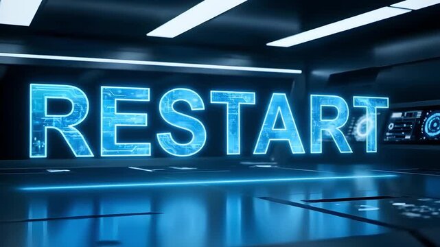 The word RESTART is illuminated in a futuristic digital environment, symbolizing a new beginning, system reboot, or a fresh start in technology