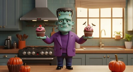 Cartoon Frankenstein holding Halloween cupcakes in decorated kitchen, spooky cute.