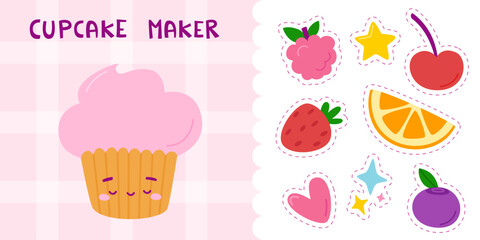 Cute cupcake maker mini game for baby girls. Cartoon vector game with dessert.