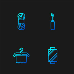 Set line Sewing thread on spool, Hanger wardrobe, Yarn and Awl tool. Gradient color icons. Vector