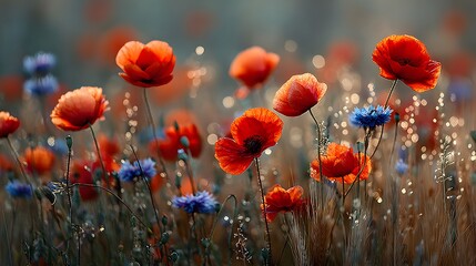 Obraz premium Vibrant, sunlit meadow of wildflowers, with bright red poppies and blue cornflowers swaying amongst golden stalks of wheat in the soft, warm light of late afternoon.