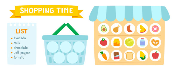 Shopping mini game for kids. Cute market game with food stickers.