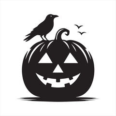 Jack-o’-lantern with crow sitting on it vector silhouette outline logo design concept illustration