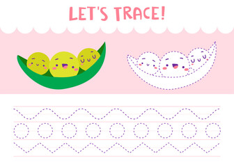 Dot to dot handwriting practice game for kids. Trace page with cute green peas.