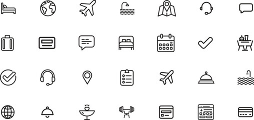 hotels and booking line icons set. reservation, check-in, travel. editable stroke. vector illustration