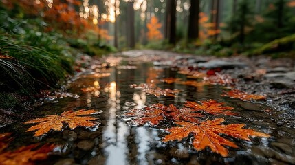 Muddy trail with russet leaves and water reflection