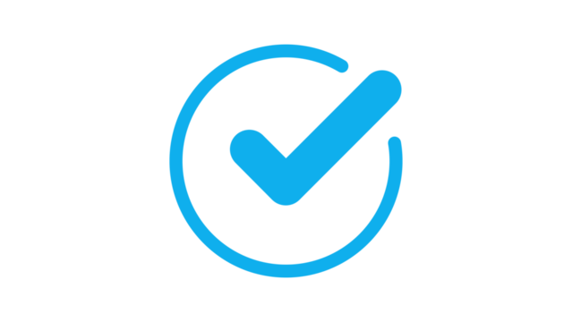 Blue tick with round circle outline, check mark approve correct success icon