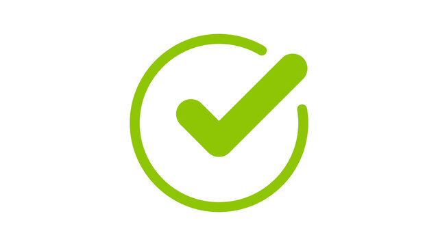 Green tick with round circle outline, check mark correct approve success icon