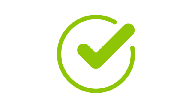 Green tick with round circle outline, check mark correct approve success icon