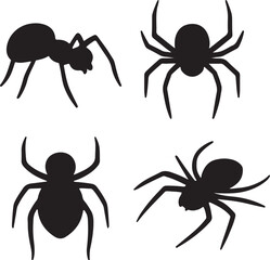 Big spider silhouette icons set side, front, back, and top views vector art illustration 