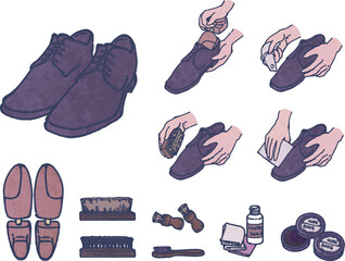 革靴を手入れをする手順と、道具のイラストセット