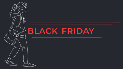 Stylish Black Friday shopping design featuring a trendy young woman, perfect for social media marketing and advertising big sales events and promotions now