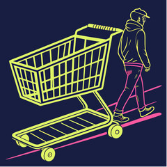 Man Pushing Shopping Cart Illustration