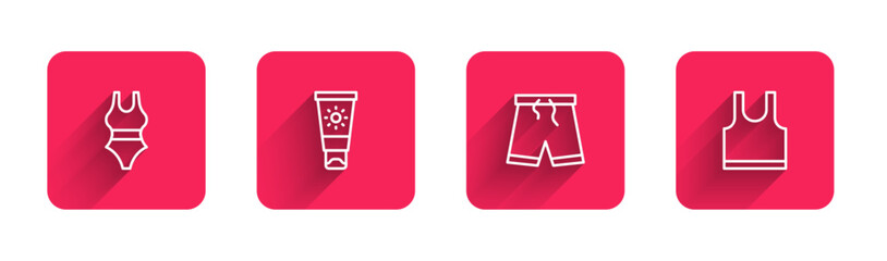 Obraz premium Set line Swimsuit, Sunscreen cream in tube, Swimming trunks and Sleeveless T-shirt with long shadow. Red square button. Vector