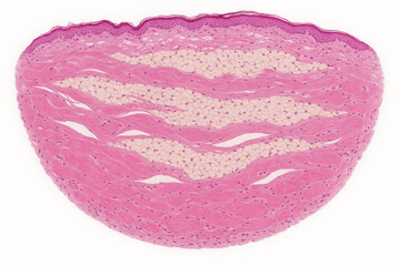 Histology of human skin, showing epidermis, dermis, subcutaneous tissue with fat lobules and collagen fibers.