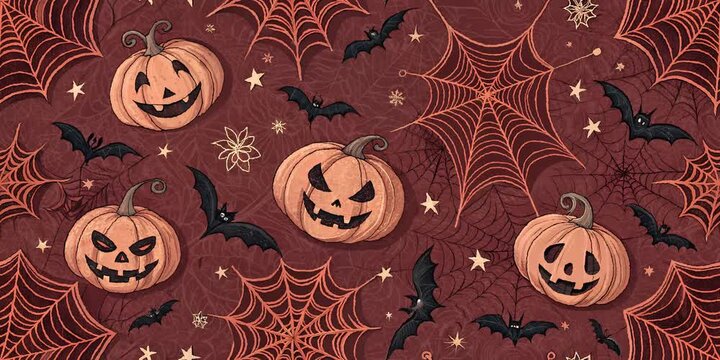 red seamless pattern with halloween pumpkins with cartoon hand drawn effect