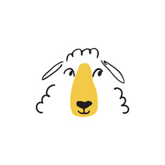 Cute sheep face doodle with curious look and fluffy wool. Minimalist black and yellow line art illustration isolated on white background.