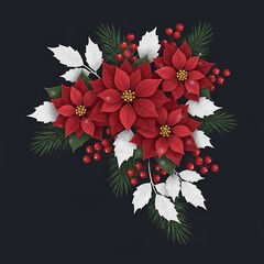 Poinsettia bouquet with vibrant red petals, holly berries and evergreen sprigs on dark background, elegant christmas floral arrangement for greeting cards, seasonal decor and holiday marketing
