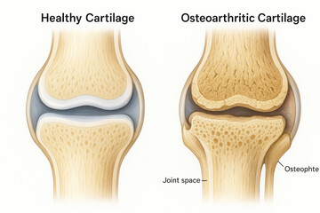 Anatomical Illustration Comparing Healthy Knee Cartilage to Osteoarthritic Cartilage, Showing Joint Space and Osteophyte Formation