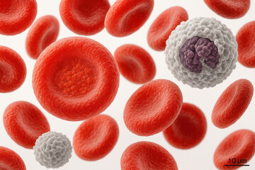 Red blood cells and a white blood cell, close-up, microscopic view