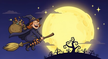 Cartoon Halloween witch flying on broomstick with candy bag, big grin, full moon spooky background