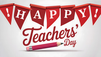 Happy teachers day celebration with red pennant banner and pencil