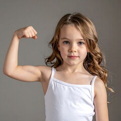 Young girl flexing bicep against gray background