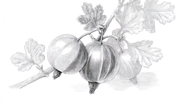 Detailed graphite drawing of gooseberries on branch with leaves