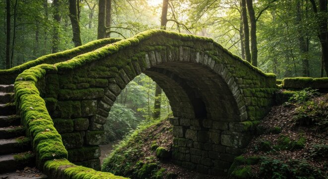 Ancient mossy stone arch bridge nestled within a lush forest. Sunlight streams through the trees
