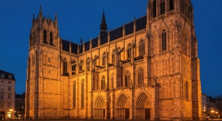 Obraz premium Ancient stone church at twilight. Facade illuminated