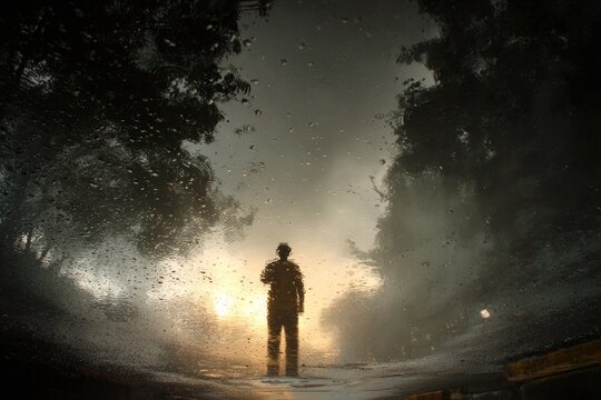 Person in a puddle, forest reflection