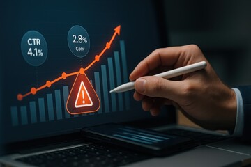 Hand with stylus analyzing digital marketing chart with warning alert

