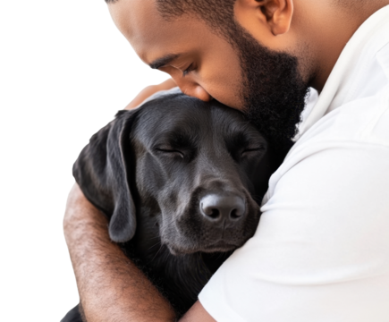 A Tender Moment of Love: A Person Comfortably Embracing Their Beloved Dog in a Heartwarming Display of Affection on transparent background