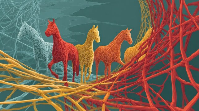 Four colored horses traverse a network of interwoven, textured lines