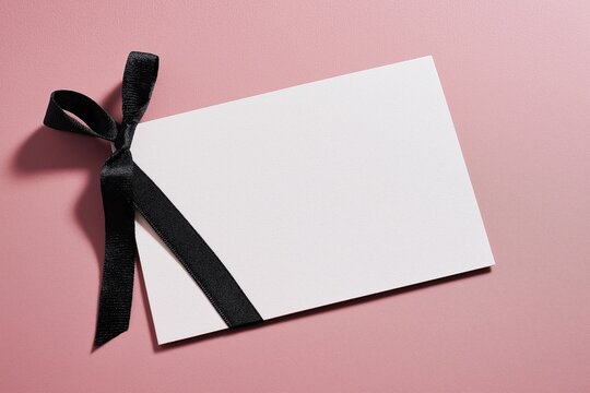 Condolence card with textured paper and black satin ribbon, funeral concept, grief