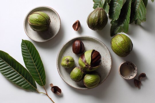 Green nuts on speckled plates, leaves